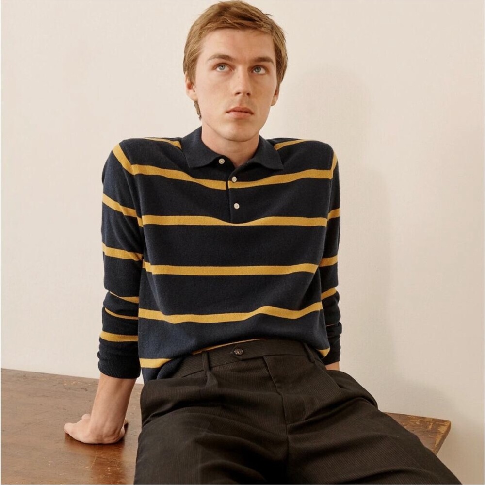 NWT J. Crew 100% Cashmere Navy Blue and Yellow Striped Polo Sweater